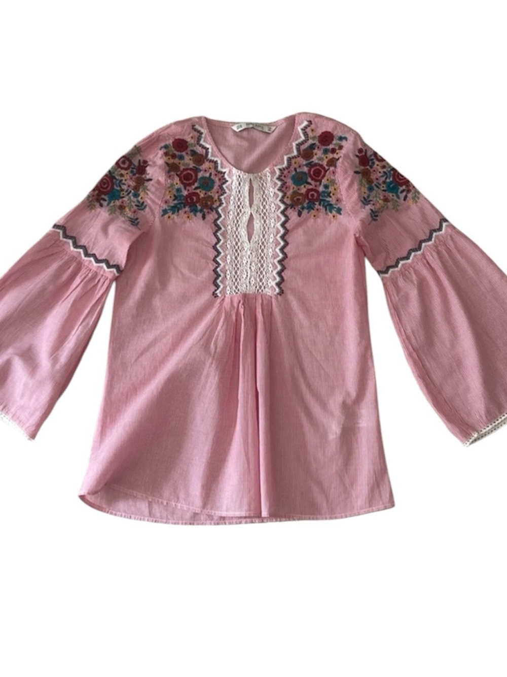 Zara Boho Red Stripe Embroidered Bell Sleeve Top Size XS